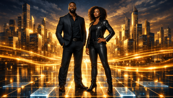 Futuristic duo on glowing blockchain grid